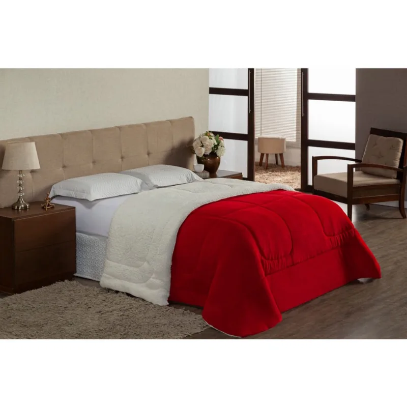 Coberdrom Queen Sherpa Dupla Face Pele de Carneiro-Vermelho