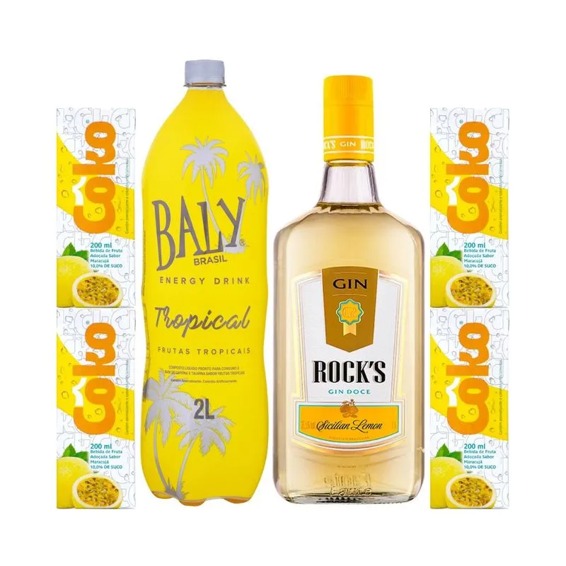 Gin Rock's Limão Siciliano 1l + Energético Baly 2l + 4 Coko