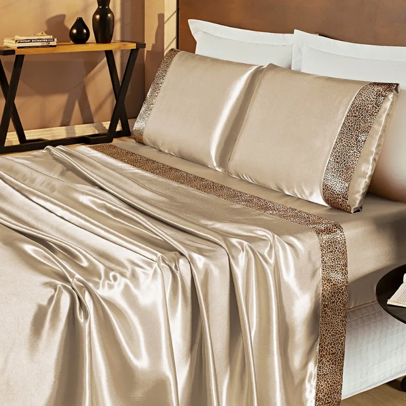 Jogo de Cama Lençol Cetim Africa Charmousse King 4 Peças - Bege