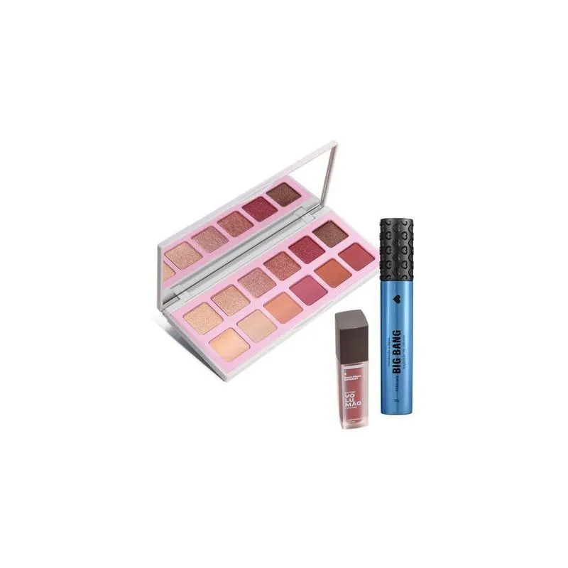 Combo Presente: Máscara De Cílios Big Bang Resistente À Água + Palette De Sombras Quartzo + Batom Volumão Líquido Damascoli