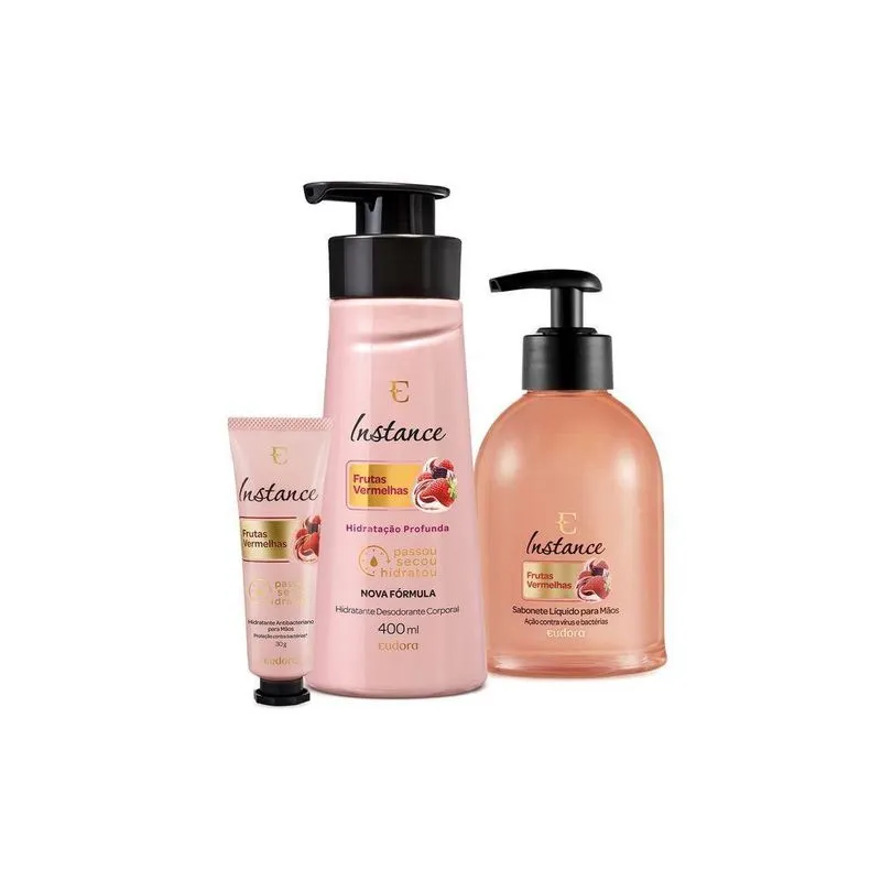 Combo Instance Frutas Vermelhas: Creme Hidratante Para As Mãos 30g + Sabonete Líquido Para As Mãos 250ml + Hidratante Desodorante Corporal 400ml