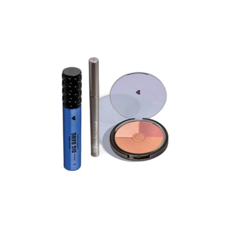 Combo Máscara De Cílios 10G + Caneta Delineadora 1Ml + Pó Compacto Facial