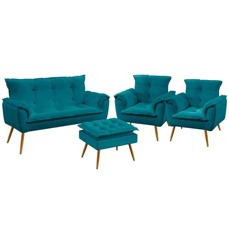 Kit Poltrona Namoradeira e 2 Poltronas Para Sala de Estar Opala com Puff Lunar Sued Azul Turquesa Aradecor