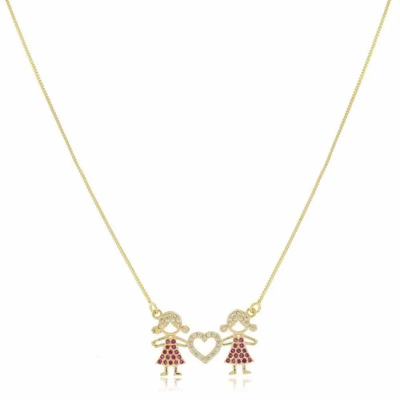 Colar Gargantilha Duas Meninas Filhas Banhado A Ouro 18k