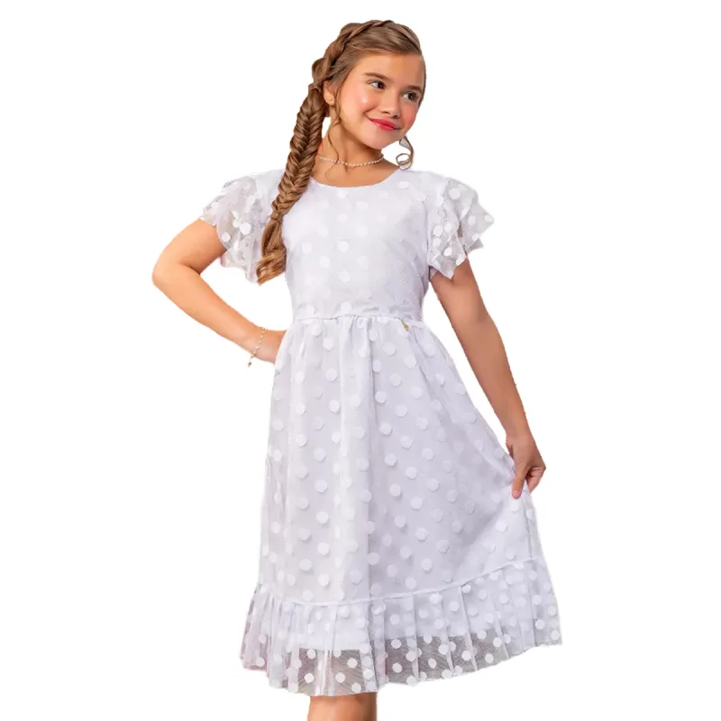 Vestido Infantil Emilly Tule Branco Poá Polly Kids