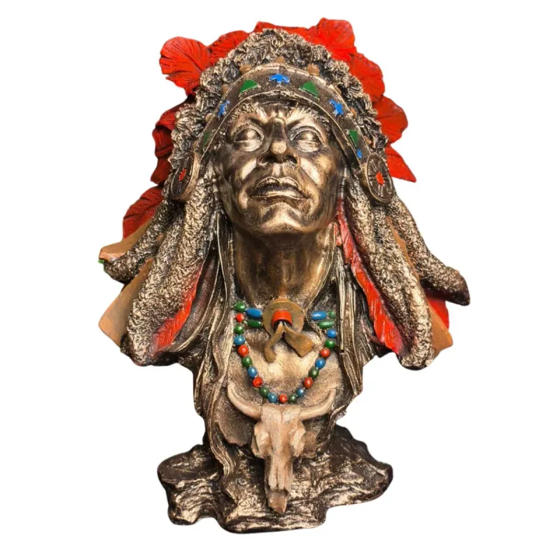 Busto Caboclo Pena Vermelho 26cm Alt. - Resina - Umbanda Candomblé