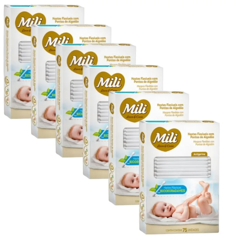Cotonete Hastes Flexiveis 6 caixas c/ 75 Biodegradável MILI
