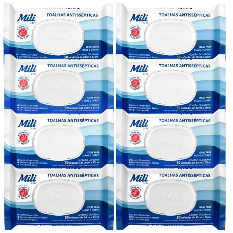 Toalhas Antissépticas Mili 8 Pacotes c- 50 (total: 400 Toalhas) - Sem álcool