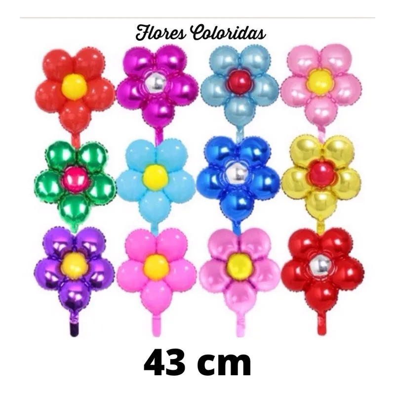 Kit 12 Balão De Festa Metalizado Flor Colorida Inflável 43cm