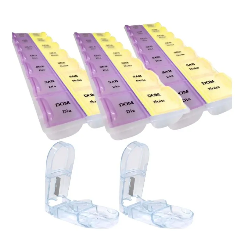 Kit 3 Porta Comprimidos Organizador Remédios + 2 Cortador