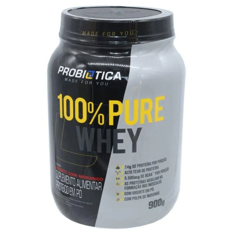 100% Pure Whey Proteina Iogurte Com Morango Probiotica 900gr