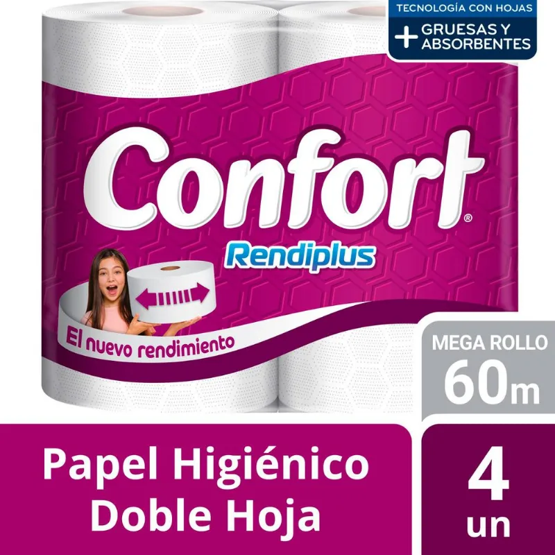 Papel Higiénico Confort Doble Hoja Rendiplus 60 m 4 un.