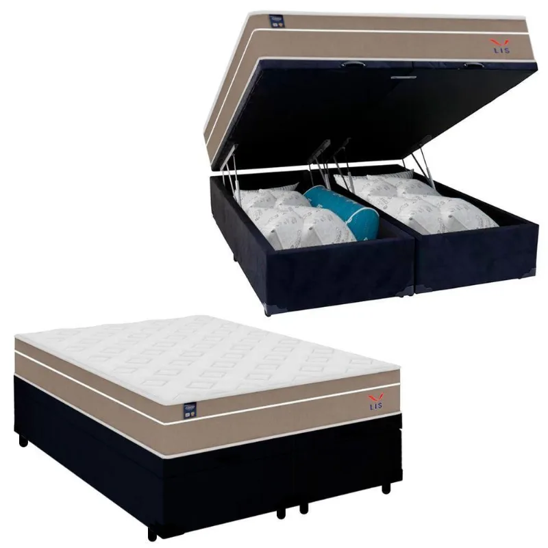 Cama Box Baú Casal Bipartido Suede + Colchão Lis Molas Ensacadas Plumatex 138x188x64cm Preto