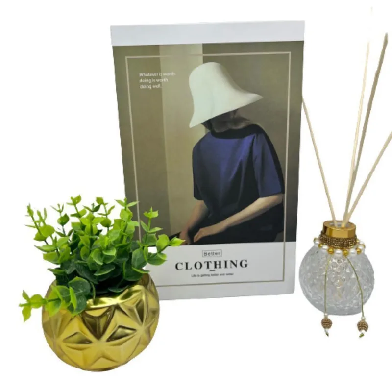 Kit Decoração Livro + Vaso Dourado + Difusor De Vidro