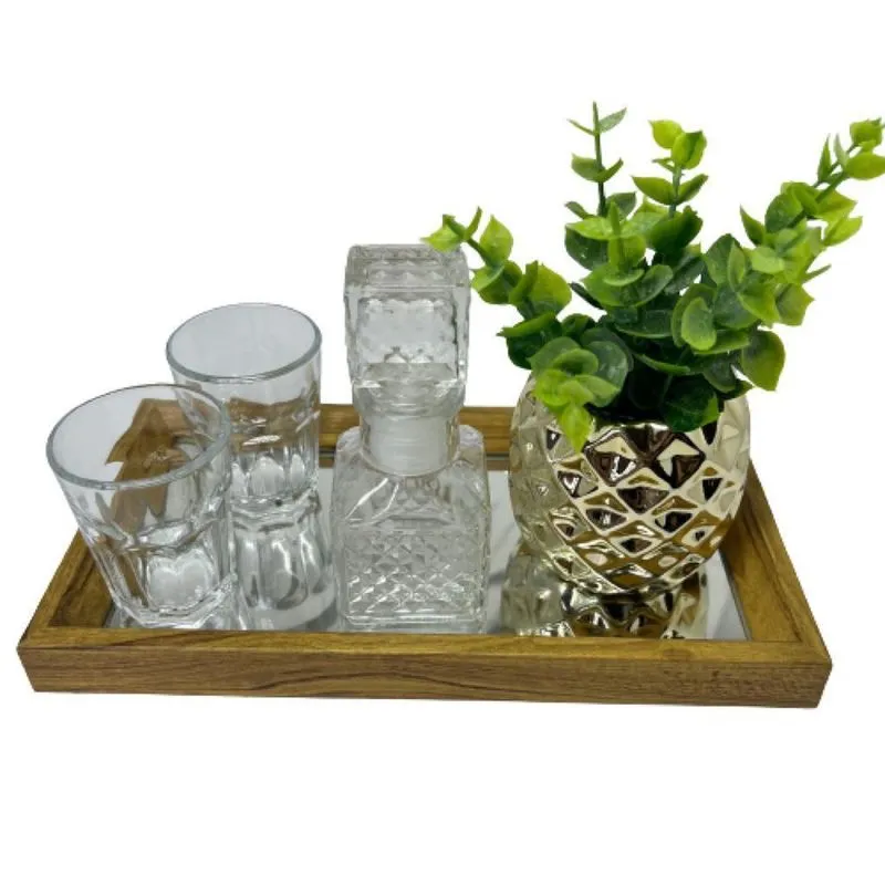 Bandeja De Mdf + Conjunto De Copos + Vaso Dourado + Garrafa