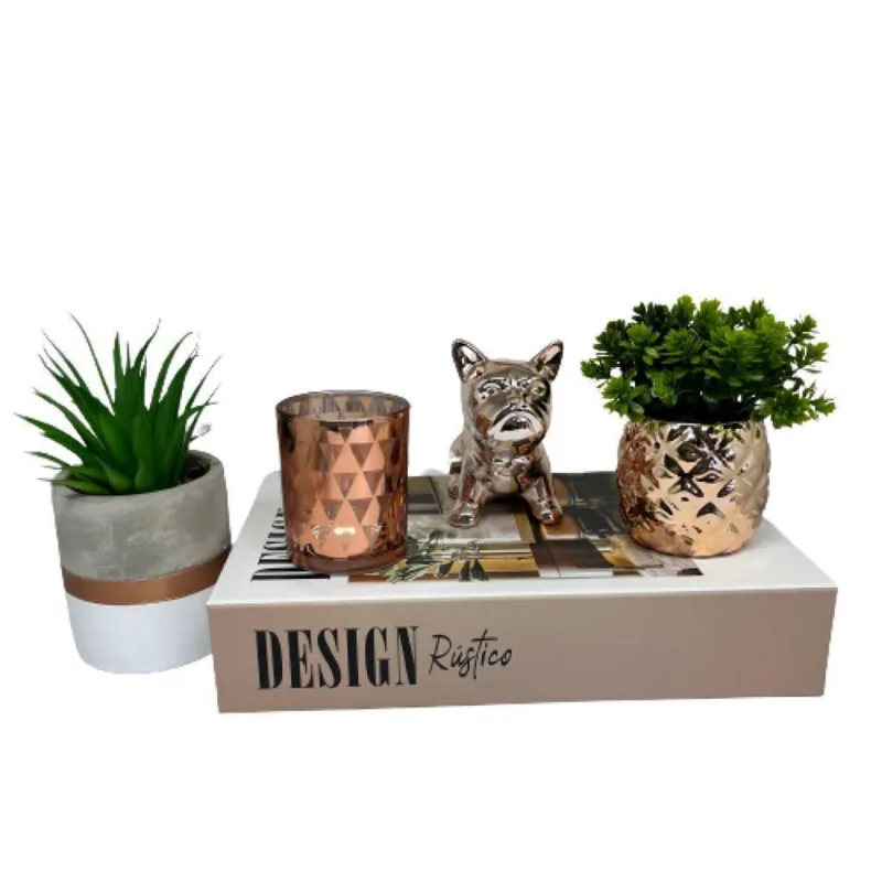 Kit Livro + Vaso Artesanal + Vaso Rose + Castiçal + Bulldog