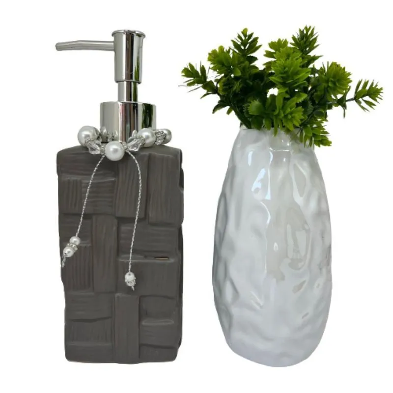 Conjunto Decoração Porta Sabonete Líquido + Vaso Branco