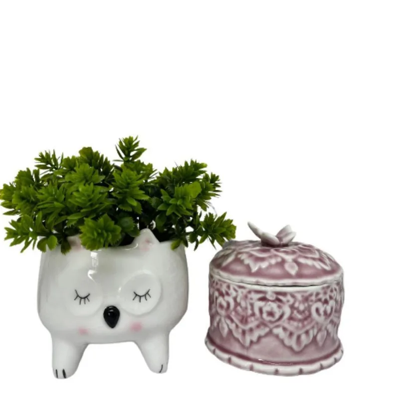 Conjunto Decorativo Cachepot De Coruja + Potiche Rosa