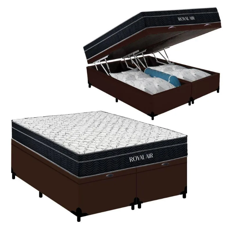 Cama Box Baú Casal Bipartido 138x188x67 Royal Air Molas Ensacadas Marrom Royal