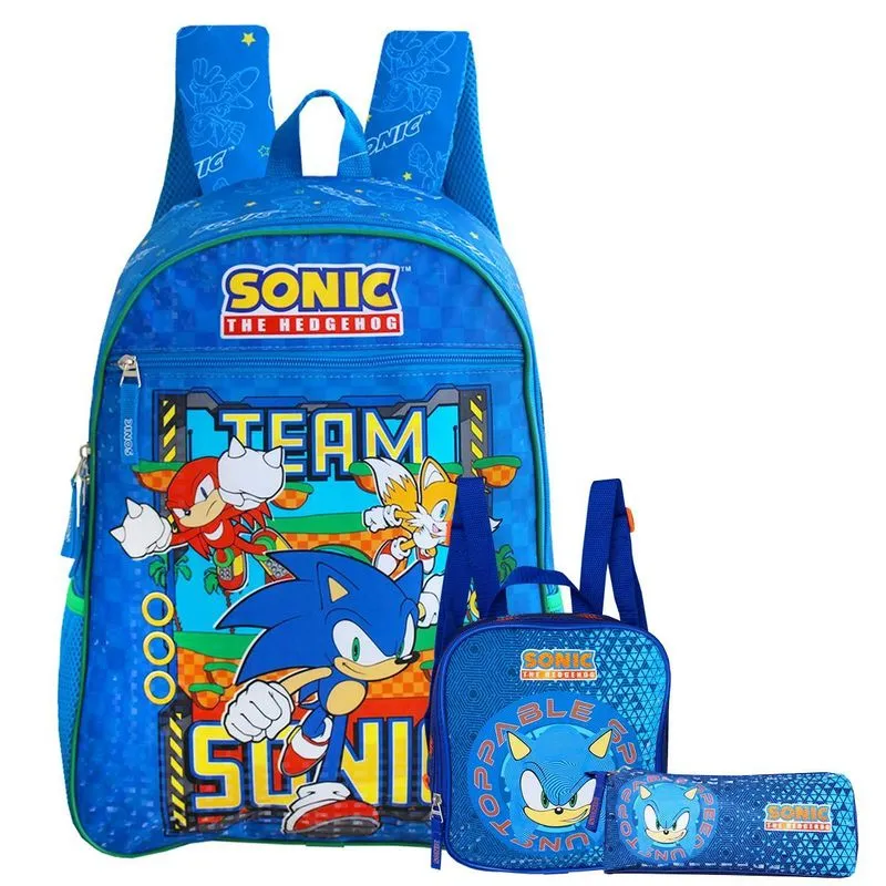 Mochila Sonic Azul 40x30x14cm + Estojo E Lancheira