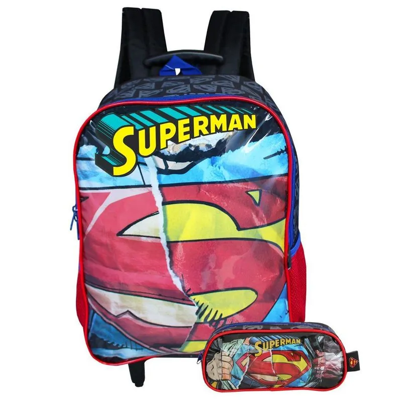 Kit Mochila De Rodinhas Superman Com Estojo Infantil Escolar