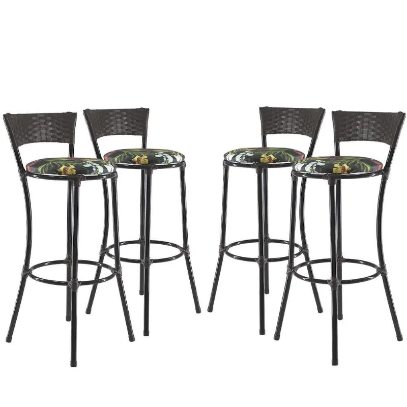 Jogo Com 4 Banquetas Alta Forts Preto Floral, Fibra Uv Bancada, área Goumert, Bar, Piscina, Balcão