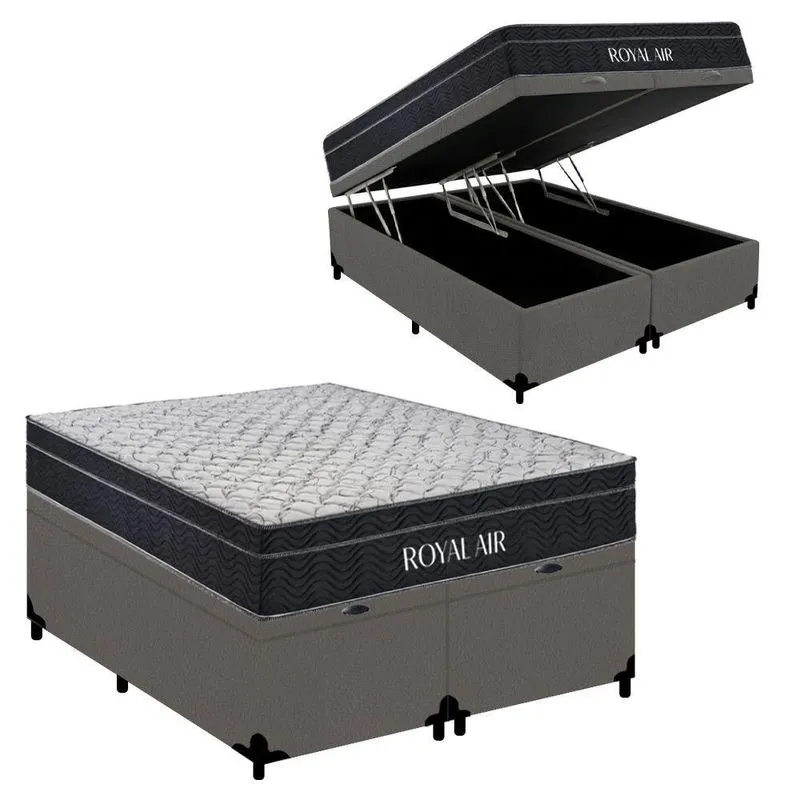 Kit Cama Box Baú Queen Royal Air Pillow Top Molas Ensacadas Suede Cinza Royal