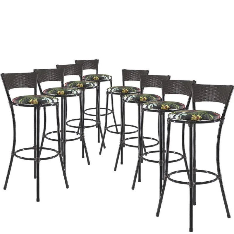 Jogo Com 8 Banquetas Alta Forts Preto Floral, Fibra Uv Bancada, área Goumert, Bar, Piscina, Balcão