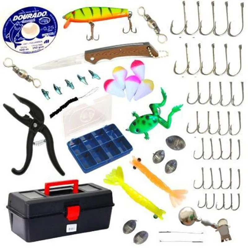 Kit Pesca Caixa Alicate Pega Peixe Isca Artificial + Itens