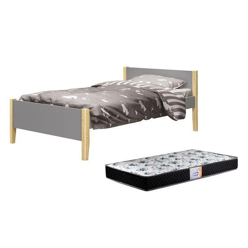 Cama Solteiro Simba Cinza Fosco Com Pés Madeira Natural E Colchão D33 - Reller Móveis Cinza Fosco