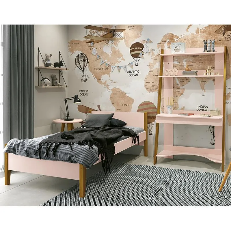 Jogo de Quarto Infantil Simba Estante Escrivaninha e Cama com Pés Amadeirado - Reller Móveis Rosa Fosco