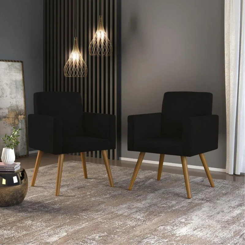 Kit 2 Cadeiras Poltronas Decorativas Recepção Suede Preto Cor:preto
