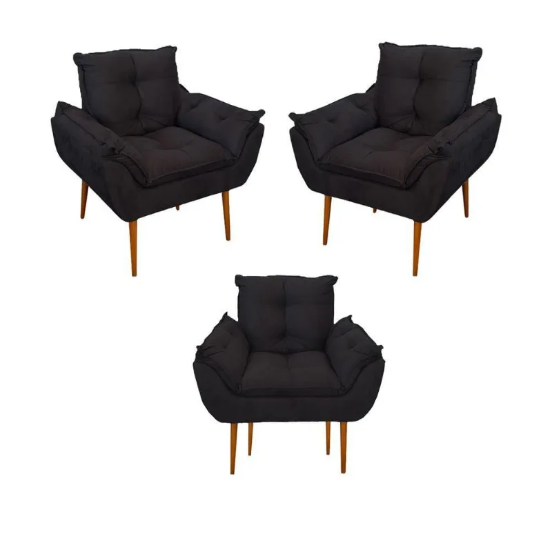 Kit 03 Poltronas Opala Confortável Sala, Quarto Escritorio Cor:preto