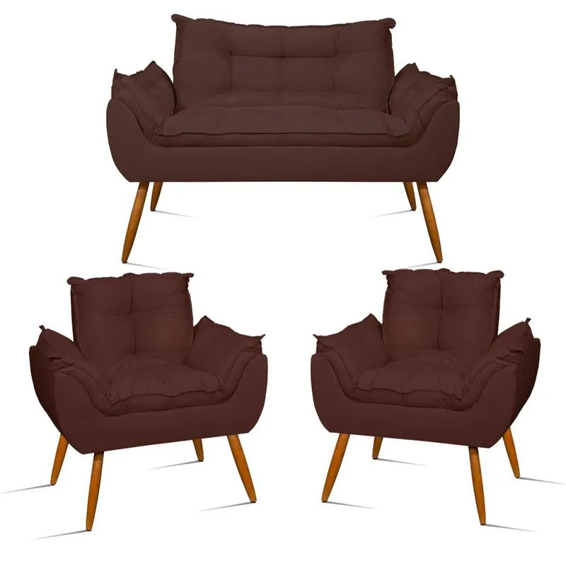 Kit Namoradeira Opala + 2 Poltronas Para Sala Balaqui Decor Cor:Marrom