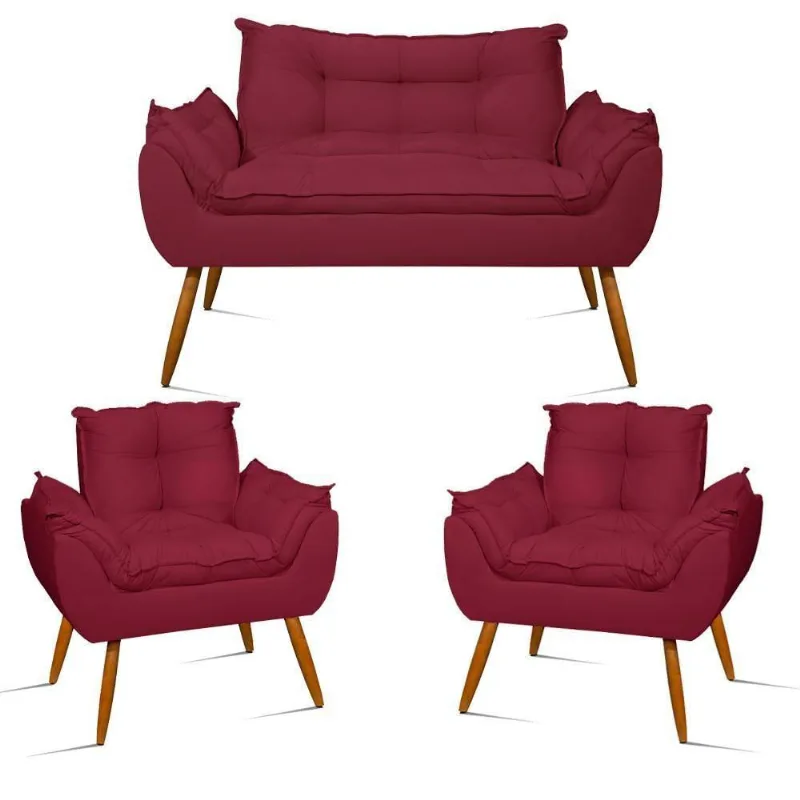 Kit Namoradeira Opala + 2 Poltronas Para Sala Balaqui Decor Marsala
