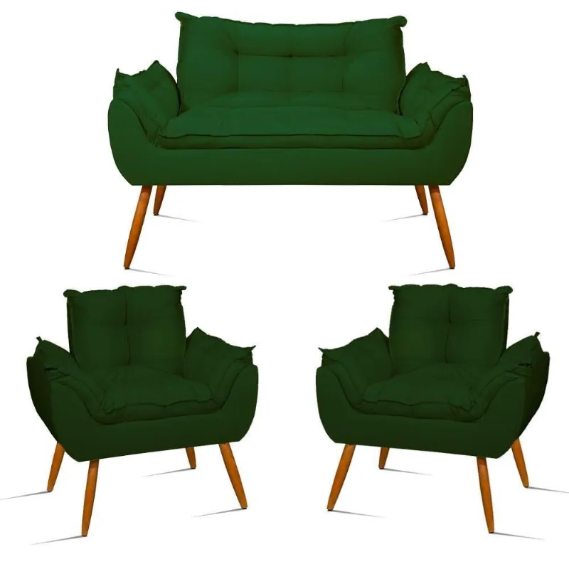 Kit Namoradeira Opala + 2 Poltronas Para Sala Balaqui Decor Verde