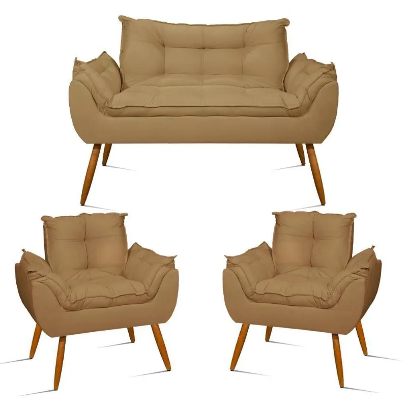 Kit Namoradeira Opala + 2 Poltronas Para Sala Balaqui Decor Capuccino