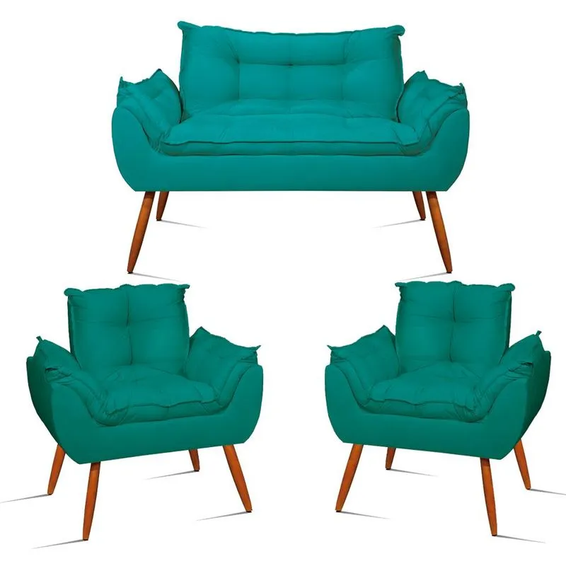 Kit Namoradeira Opala + 2 Poltronas Para Sala Balaqui Decor Cor:Azul Turquesa