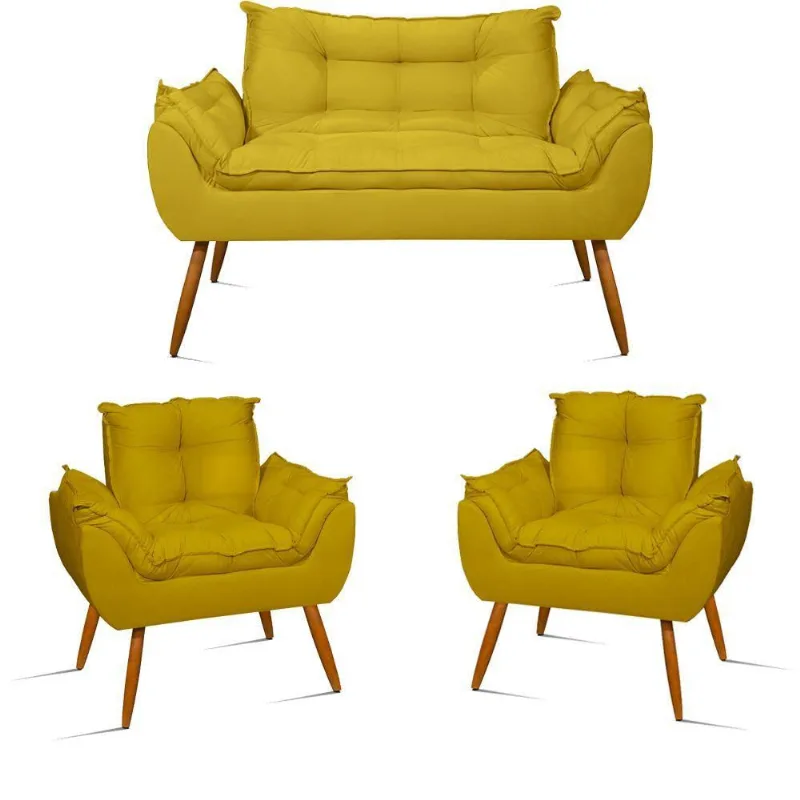 Kit Sofá Namoradeira Opala + 2 Poltronas Opala Balaqui Decor Cor:amarelo
