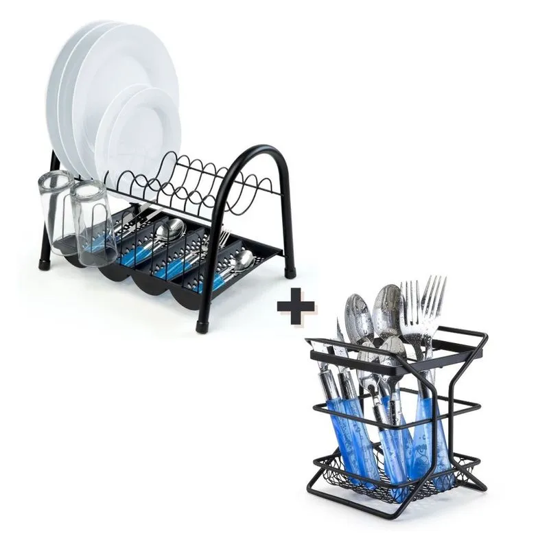 Kit porta talher com divisoria escorredor duplo com bandeja