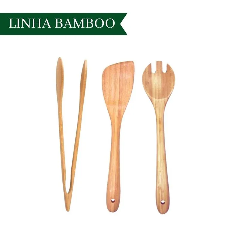 Kit utensilios garfo espatula E pegador de salada em bamboo