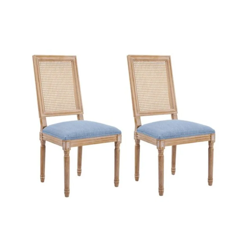 Clihome Dining Chairs in Wood with Rattan Back and Cushioned Blue Seat - Set of 2