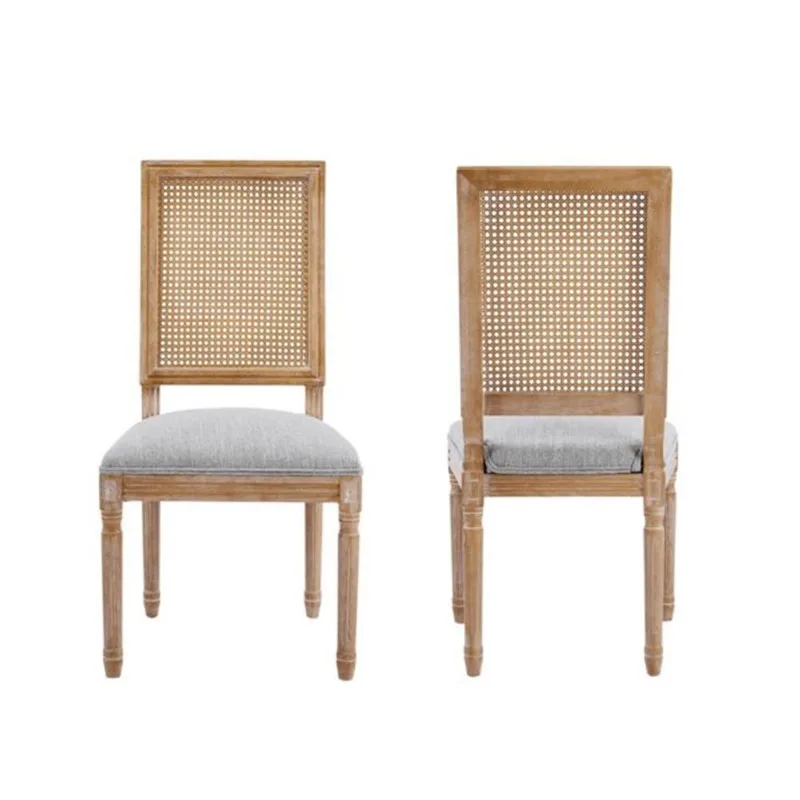 Clihome Dining Chairs in Wood with Rattan Back and Cushioned Grey Seat - Set of 2