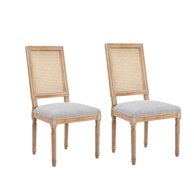 Clihome Dining Chairs in Wood with Rattan Back and Cushioned Green Seat - Set of 2