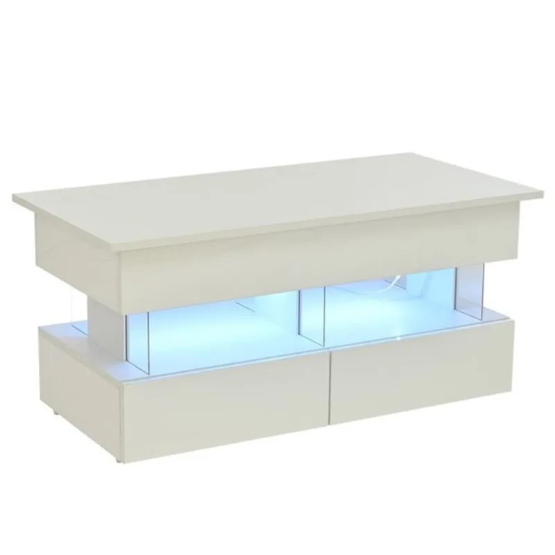 Clihome Coffee Table 2 Drawers with Elevating Tray and LED Lighting 39.3 x 19.6-in - White
