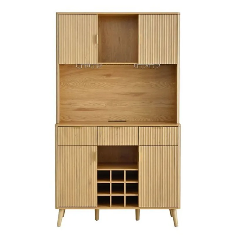 Clihome Bar Cabinet 4 Doors 3 Drawers with LED Lighting and Power Outlet 41.8 x 72.2-in - Natural Wood