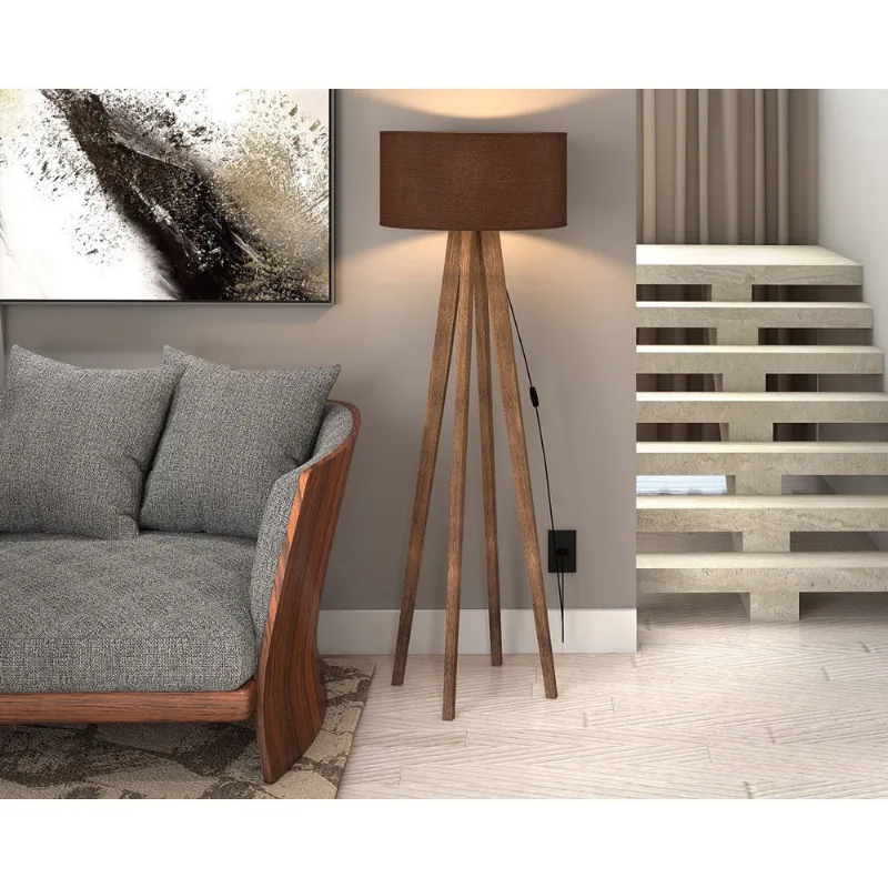 Luminária Dubai De Chão Abajur De Piso Com Cúpula Marrom mais 4 Pés De Madeira Luxo natural