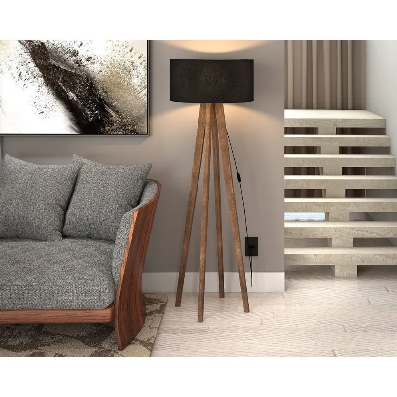Luminária Dubai De Chão Abajur De Piso Com Cúpula Preto mais 4 Pés De Madeira Luxo natural