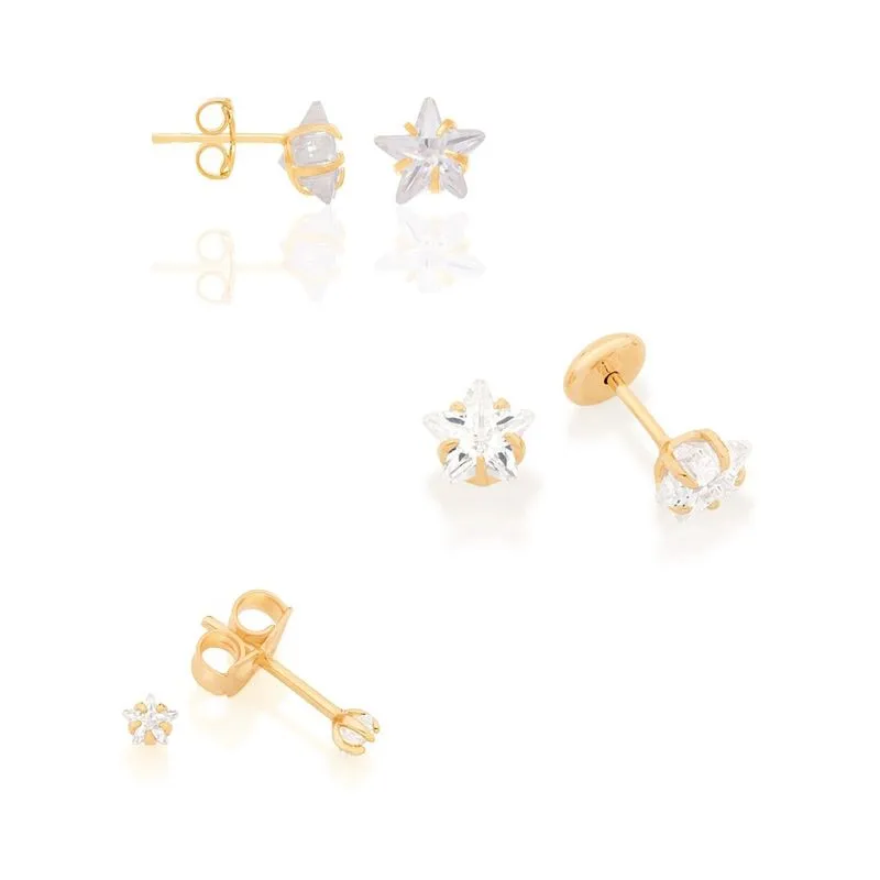 Kit 3 Brincos Rommanel Banhado Ouro 18k Estrela Zircônia
