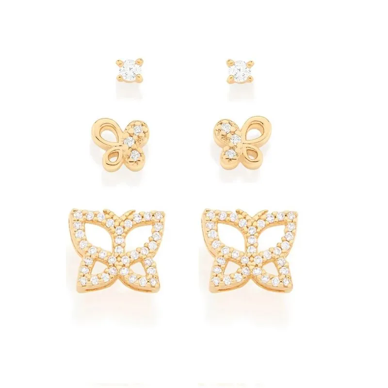 Kit Rommanel Banhado Ouro 18k 3 Brincos Borboletas E Zircônias 527056